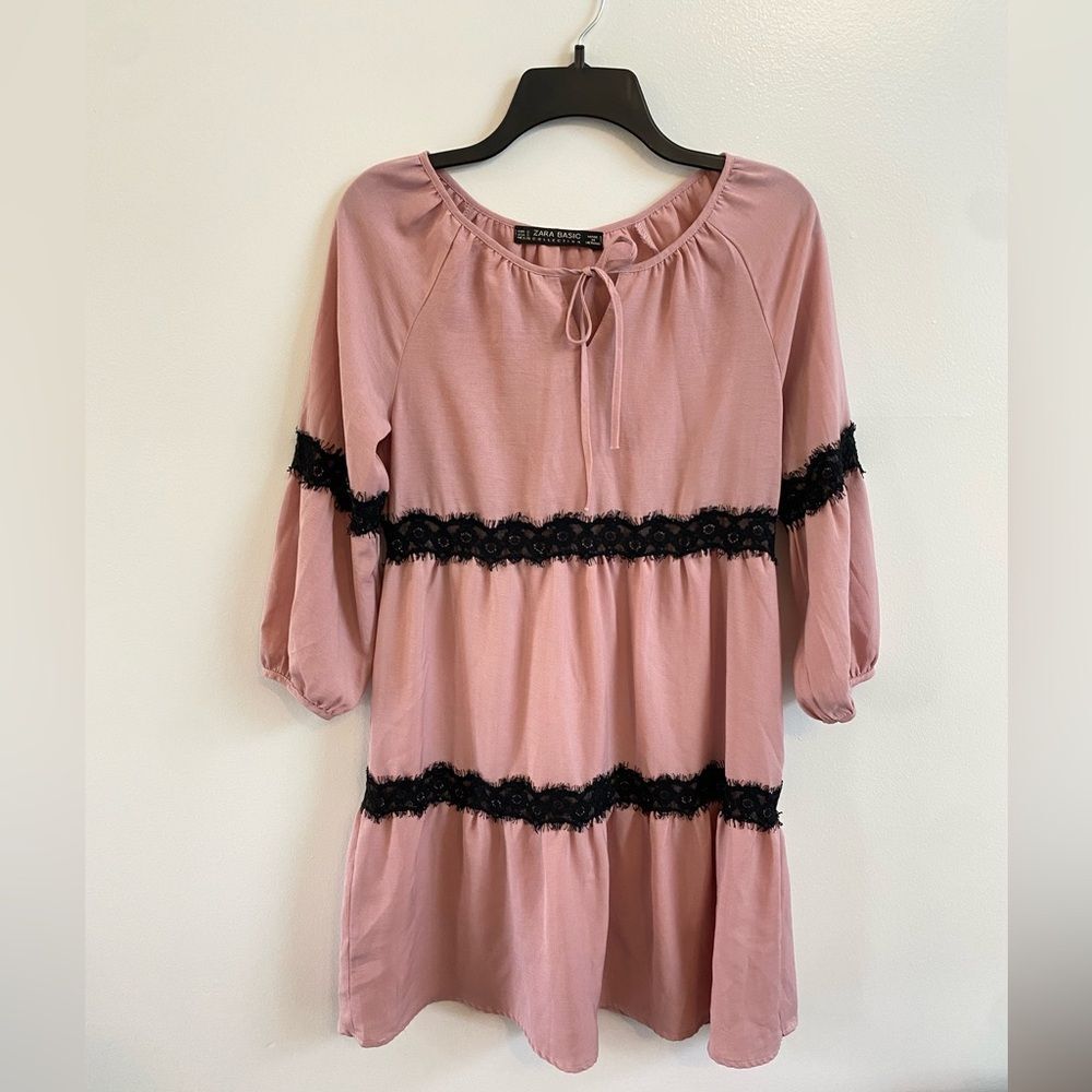 Zara Basics Mauve & Black Lace Long Sleeve Dress - Size Small